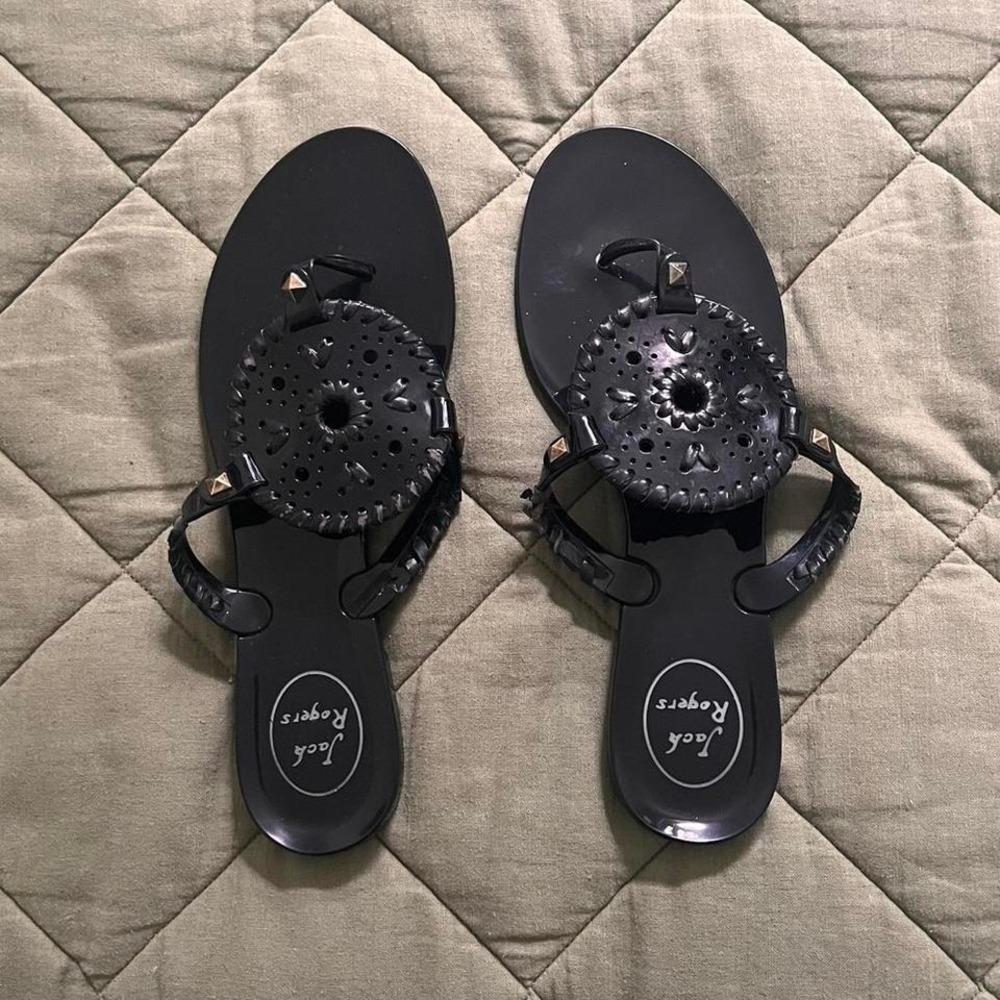 Jack Rogers Black Jelly Sandals Signature Whipstitch Designer Shoes Size 8